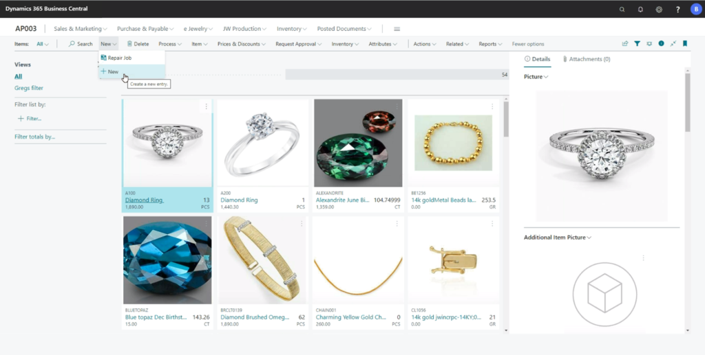 Jewelry inventory list view inside ERP software on Microsoft Dynamics 365