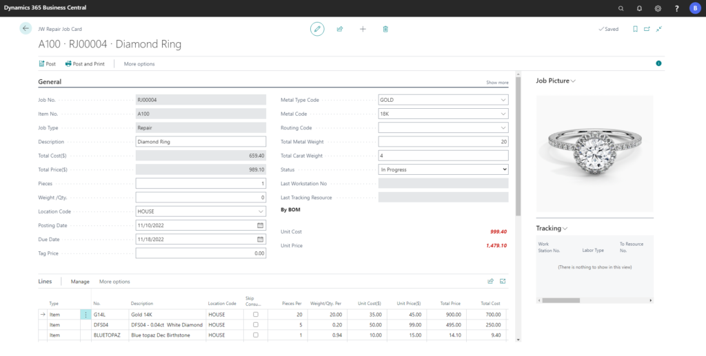 Jewelry repair job tracking screen inside ERP software