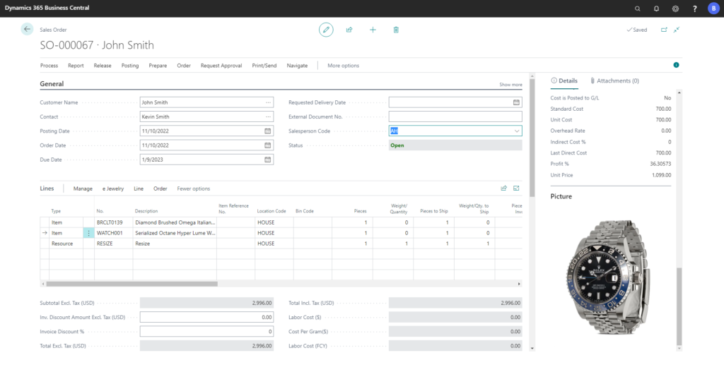 Jewelry sales order processing screen in ERP software